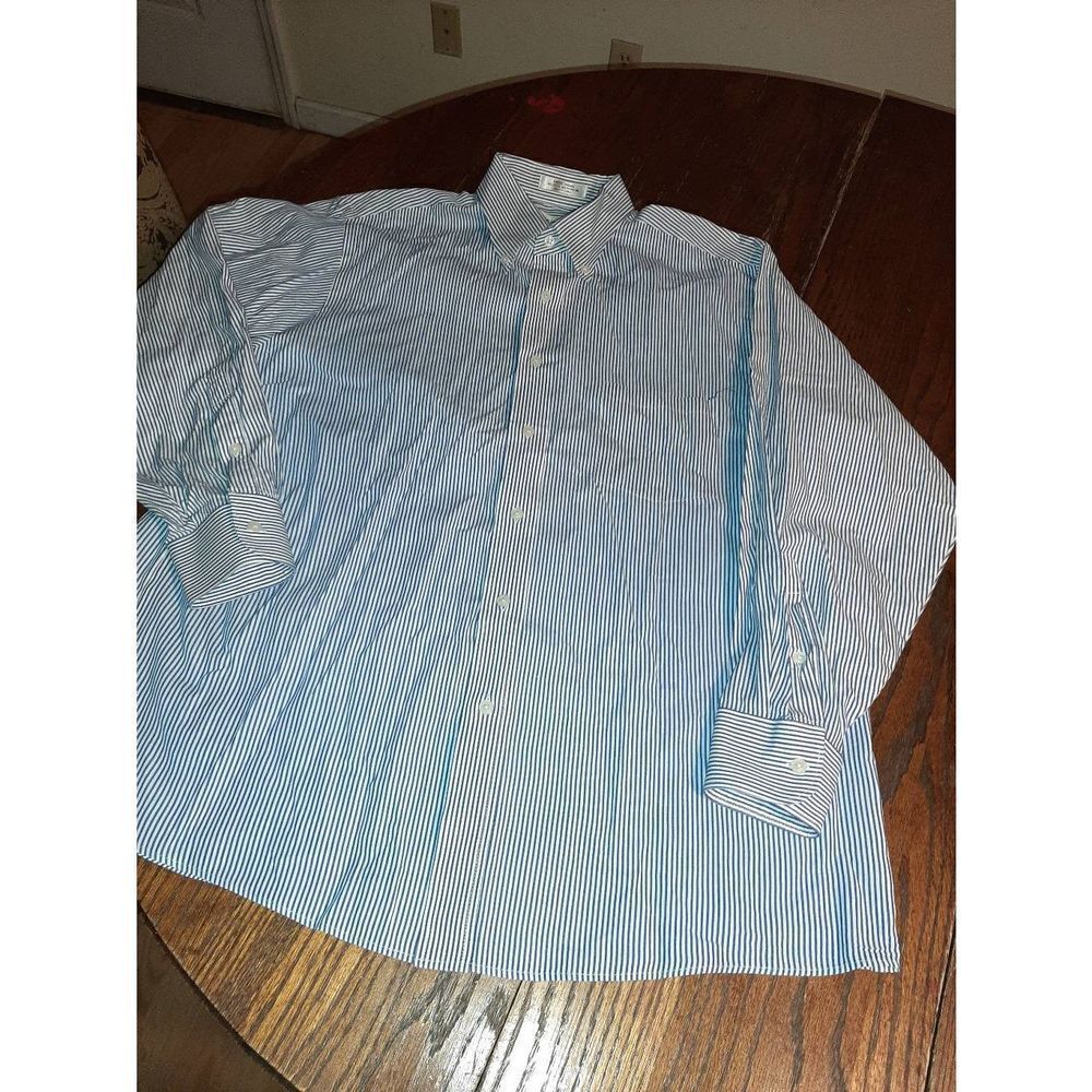 Mens 17 32/33 Van Heusen Pinpoint Oxford Blue White Button Front Dress Shirt